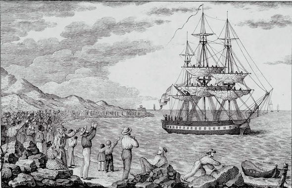 Engraving by Francisco Pérez of the ship María Pita leaving A Coruña in 1803