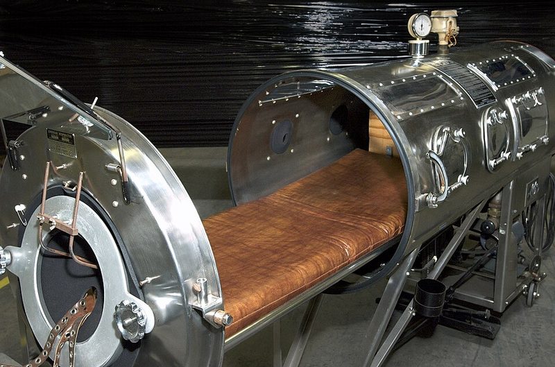 An opened iron lung respirator of the kind that kept paralyzed polio patients breathing