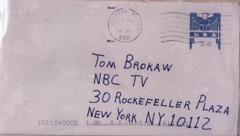 The anthrax letter addressed to Tom Brokaw at NBC in 2001